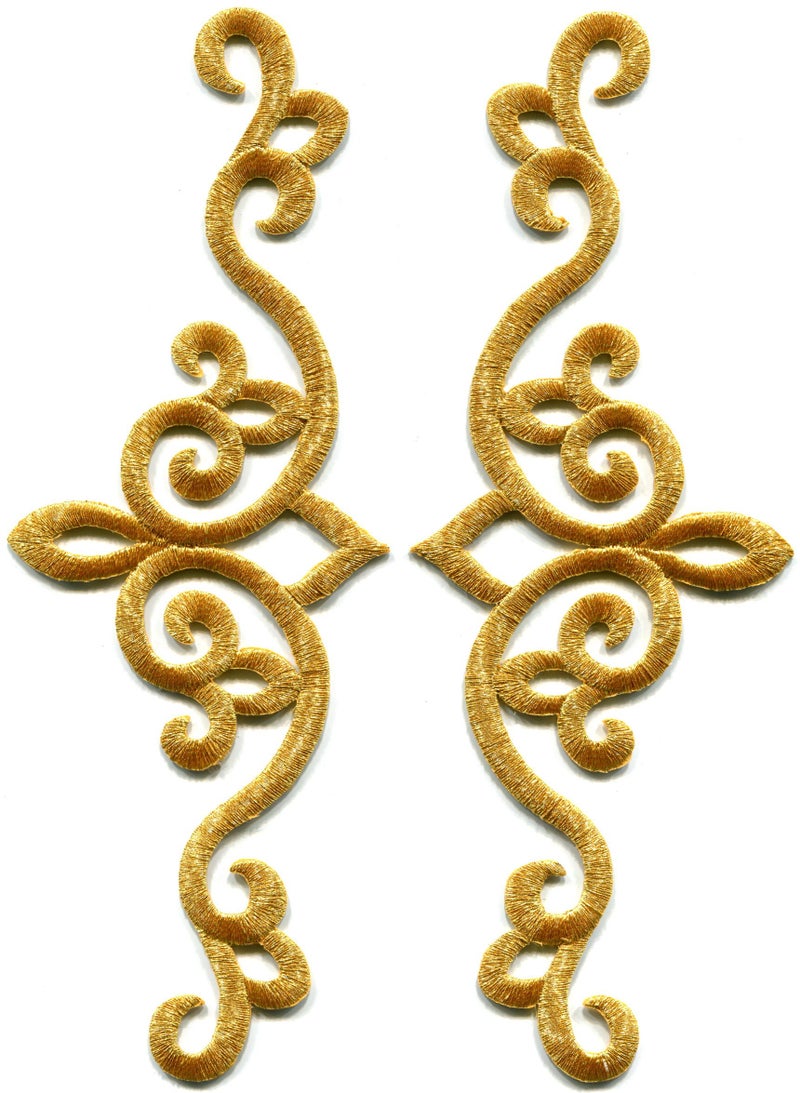 Gold Trim Fringe Leaves Glitter Retro Boho Embroidered Appliques Iron-on Patches Pair S-1118
